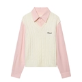 Camisa rosa con chaleco de punto blanco roto y bordado Nature de estilo universitario - S / Tops / Beige Y Rosa