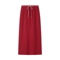 Deep red midi skirt featuring a red and white gingham waist tie and elastic waistband - S / Wine Red Skirt