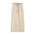 Beige midi skirt with brown gingham drawstring waist in soft textured fabric - S / Light Yellow Skirt
