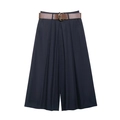 Pantaloni da donna blu scuro a gamba larga a vita alta con cintura in pelle e fibbia oro - XS / Blu navy
