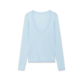 Top de punto azul claro ajustado de manga larga con cuello redondo para mujer - S / Azul