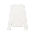 Top blanco de manga larga con cuello en U, corte ajustado minimalista para mujer - S / Blanco