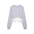 Sweat-shirt court gris tendance avec ourlet élégant en dentelle blanche et col rond - XS / Gris