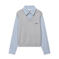 Completo da donna 2 pezzi con gilet in maglia grigia e camicia a righe a maniche lunghe - S / Blu grigio