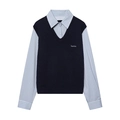 Gilet in maglia blu scuro con scollo a V sopra una camicia a maniche lunghe a righe - S / Righe Blu Scuro