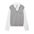 Haut deux-en-un style collège pour femme avec gilet gris et chemise blanche chic - S / Hauts / Blanc Cassé