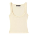 Slim fit cream white ribbed knit sleeveless tank top with U-neck design on white background - S / Yellow