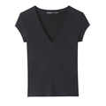 T-shirt nera da donna con scollo a V vestibilità aderente in morbido cotone a maglia - S / Nero