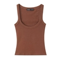 Brown sleeveless cotton U-neck tank top with a slim fit and ribbed texture - S / Caramel color