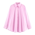 Women's loose long-sleeved pink poplin shirt with a classic lapel collar and buttons - XS / Rose Red