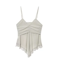 Close-up of ruched V-neckline and delicate lace trim on silver camisole top - S / Blue-Grey
