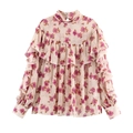 Floral ruffle long sleeve blouse with victorian high neck and puff sleeves for women - XS / As Shown
