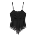 Women's sexy black V-neck camisole featuring georgette pleats and eyelash lace trim hem - S / Black