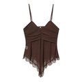 Women's dark coffee V-neck camisole with ruched waist and delicate floral lace trim - S / Brown