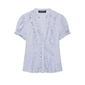 Camicia in popeline a righe blu con maniche a sbuffo e volant sullo scollo a V - XS / Grigio Blu