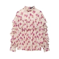 Elegant pink floral long-sleeve blouse with layered ruffles and high neckline style - XS / As Shown