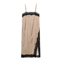 Polka dot camisole slip dress with black lace trim and side slit in beige finish - XS / Light Brown Polka Dot