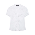 Weiße Kurzarm-Popeline-Bluse mit V-Ausschnitt, Rüschen und elastischen Puffärmeln - XS / Weiß