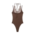 Body marrone scuro con allacciatura al collo, pizzo floreale squisito e design attillato - XS / Marrone
