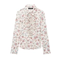 Elegant floral print shirt with ruffle front and long sleeves in cream white fabric - XS / White Floral