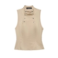 Ärmelloses Damen-Oberteil in Khaki mit Stehkragen, Zierknöpfen und Seitenreißverschluss - XS / Oberteile / Khaki