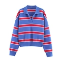 Polo en maille à manches longues classique à rayures bleu blanc et rouge style preppy chic - S / Rouge et Bleu