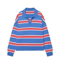 Detailed view of striped long sleeve knit sweater with V-neck polo collar and relaxed fit - S / Blue Red White