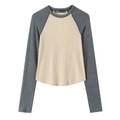 Driekleurig raglan T-shirt met ronde hals en gebogen zoom in crème en donkergrijs - XS / Geel