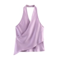 Detailed view of lavender satin halter top with v-neck wrap and asymmetric hem - XS / Light Purple