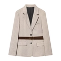 Damen-Blazer in Haferflocken-Nadelstreifen mit dunkelbraunem Ledergürtel und Schnalle - XS / Haferflockenfarbe