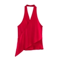 Detail of glossy red satin halter wrap top with asymmetric hem and deep V-neckline - XS / Red