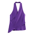 Detail of purple satin halter top featuring a wrap design and asymmetric hem - XS / Deep purple