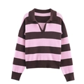 Pull polo en maille à manches longues rayé rose et marron foncé avec col en V - S / Rose Col Brun