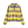 Pull en maille rayé jaune et gris pour femme, coupe oversize avec col polo - S / Jaune Gris