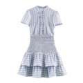Lichtblauwe geruite korte jurk met gesmokte taille en gelaagde ruches rok - XS / Lichtblauw Gingham