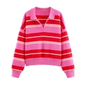 Women's pink striped knit polo sweater with long sleeves and casual V-neck collar - S / Rose Pink