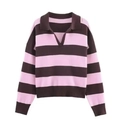Pink and brown wide striped polo knit sweater with long sleeves and a V-neckline - S / Pink
