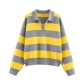 Women's casual striped knit sweater with yellow and grey wide stripes and polo collar - S / Yellow