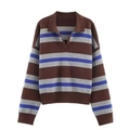 Women's knit polo sweater with casual brown, grey and blue wide stripes and ribbed cuffs - S / Brown