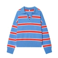 Pull en maille à rayures avec col polo bleu ciel et rouge, style décontracté à manches longues - S / Bleu