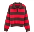Pull en maille polo décontracté à manches longues avec rayures rouges et marron foncé - S / Rouge