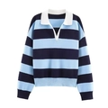 Polo en maille pour femme à rayures bleu marine et bleu clair avec col blanc contrasté - S / Bleu ciel