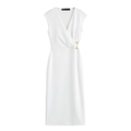 Robe midi élégante blanche sans manches à col en V avec épingle dorée à la taille - Blanc