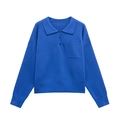 Top de punto polo azul real para mujer con manga larga, bolsillo y puños acanalados - S / Azul