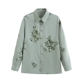 Sage green satin long-sleeve shirt featuring intricate floral sequin embroidery details - Shirt