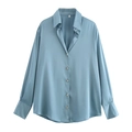 Minimalist light blue satin long sleeve shirt with classic collar and silk texture - XS / Gray Blue
