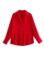 Detail of red satin long-sleeved shirt showing silk-like fabric texture and button closure - XS / Red