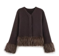Veste en tricot marron foncé à col en V avec bordure luxueuse en fausse fourrure - S / Haut Café