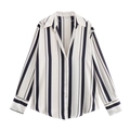 Detailed view of the black and white vertical striped satin shirt with white buttons - XS / Blue Striped