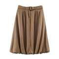 Khaki midi balloon skirt with a matching belt and high-waist pleated design for women - XS / Brown